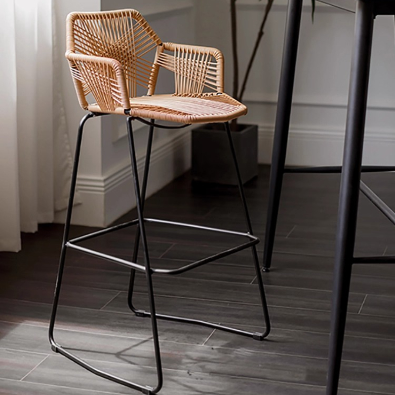 Outdoor Furniture Iron - Skandinavischer Rattan-Barhocker, handgewebter hoher Thekenstuhl, Außenterrasse,