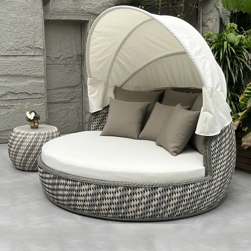Rattan Lounge Set - Tagesbett, UV-beständiges, rostfreies, rundes Lounge-Sofa aus