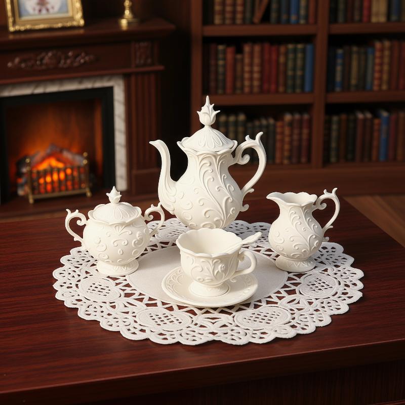 Bistro Table Set - 1 Set Simuliertes Mini-Blumenrelief-Geschirr-Modell Miniatur-Puppenhaus Teekanne