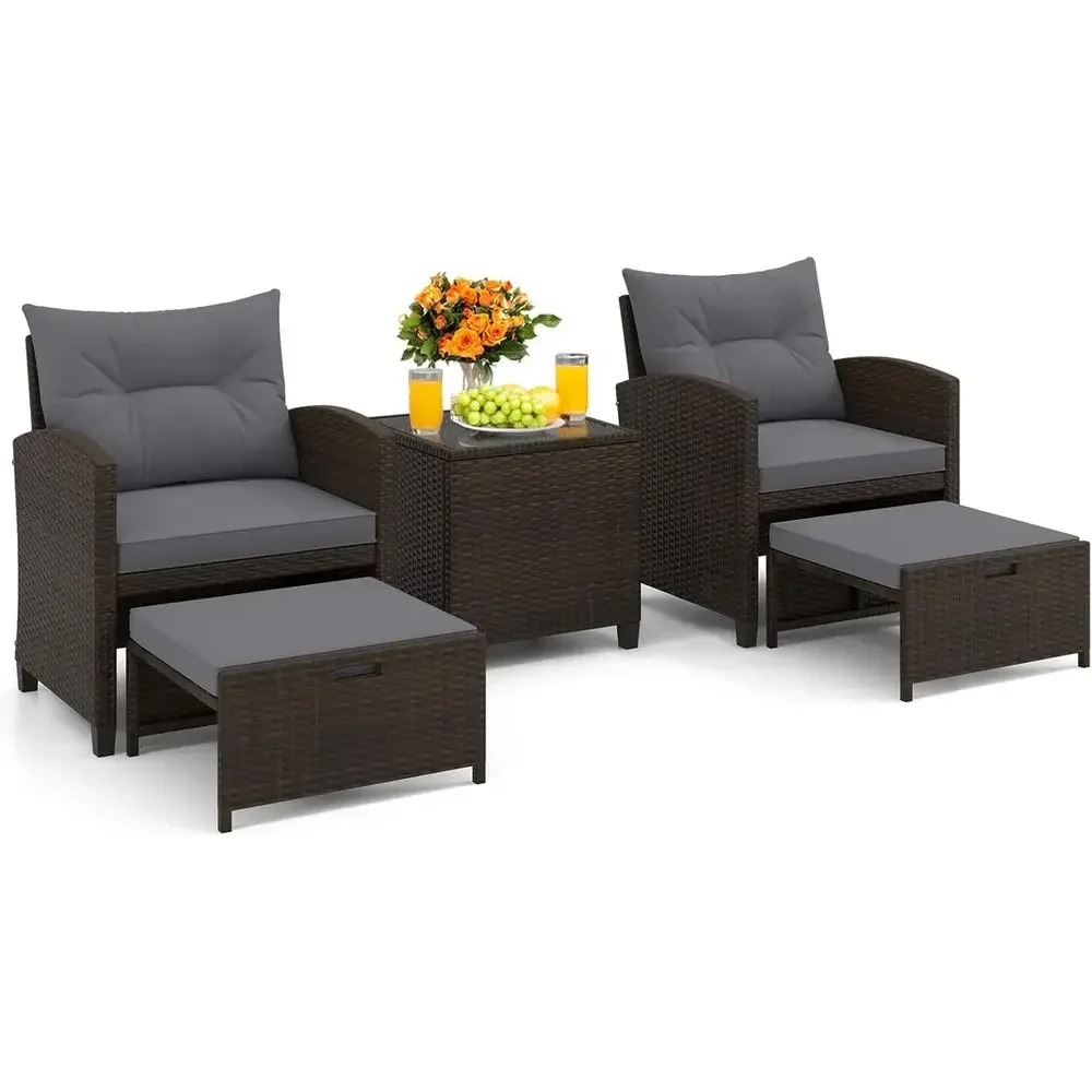 Rattan Lounge Set - 5-teiliges Terrassenmöbel-Set mit Hockern, Outdoor-Sitzgruppe aus