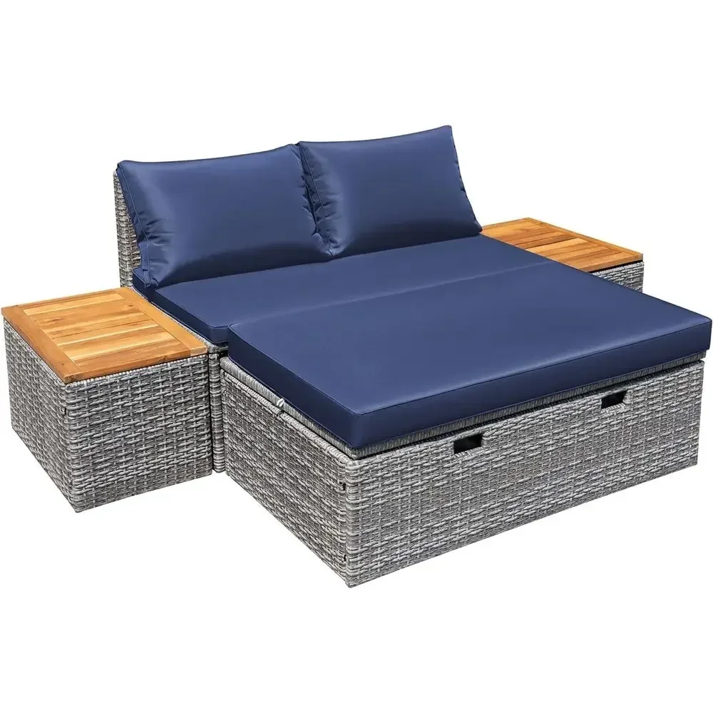 Rattan Lounge Set - Marineblaues Outdoor-Tagesbett-Set mit Rattan-Liege und 2