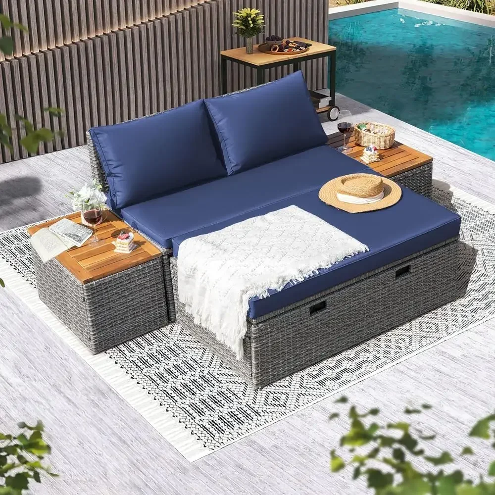Marineblaues Outdoor-Tagesbett – Rattan Lounge Set Bewertung und Preis
