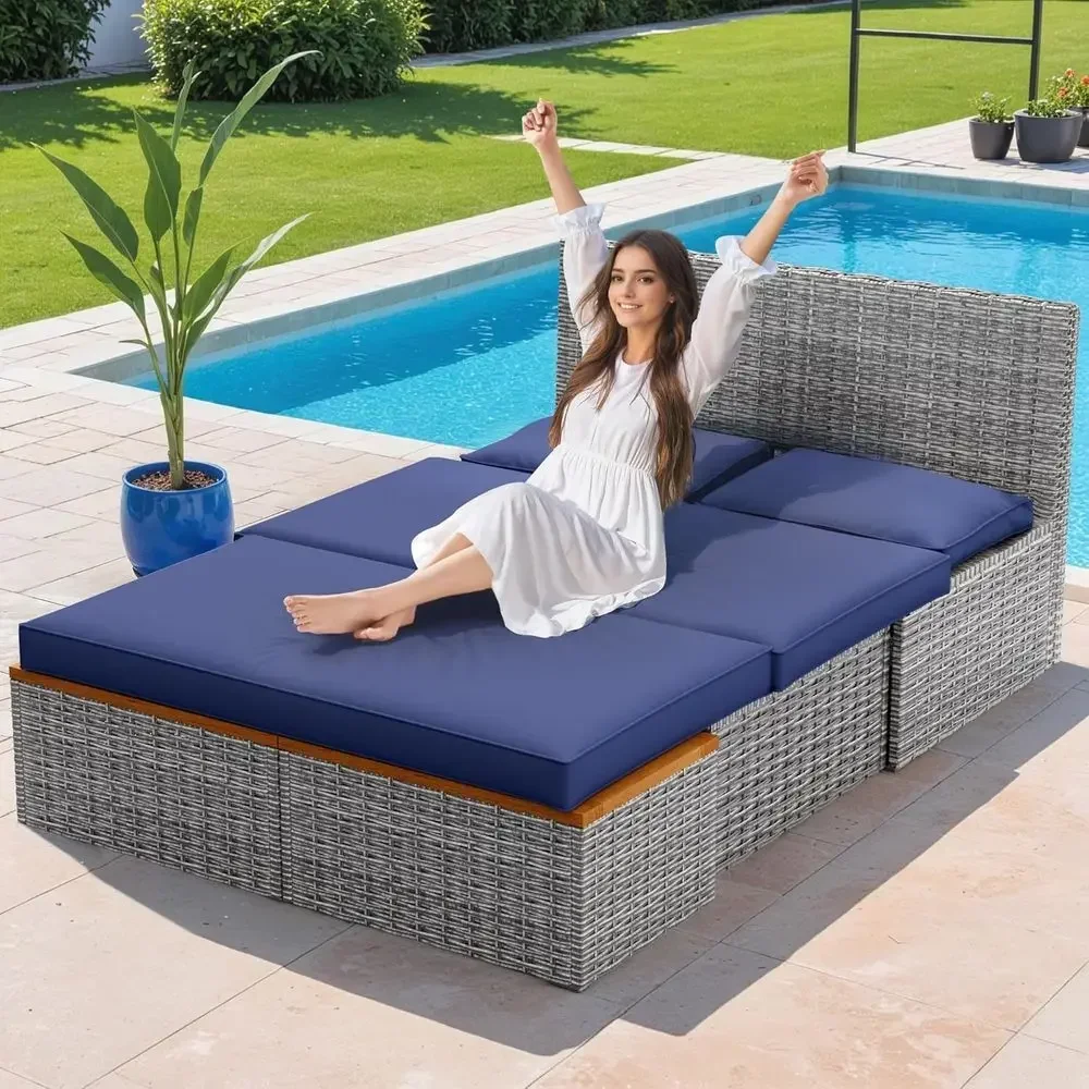Marineblaues Outdoor-Tagesbett – Rattan Lounge Set Bewertung und Preis