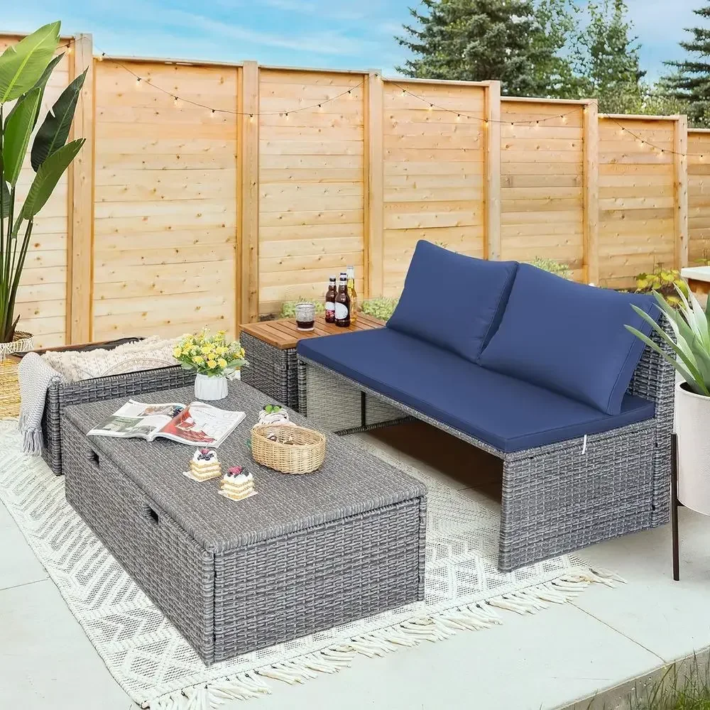 Marineblaues Outdoor-Tagesbett – Rattan Lounge Set Bewertung und Preis